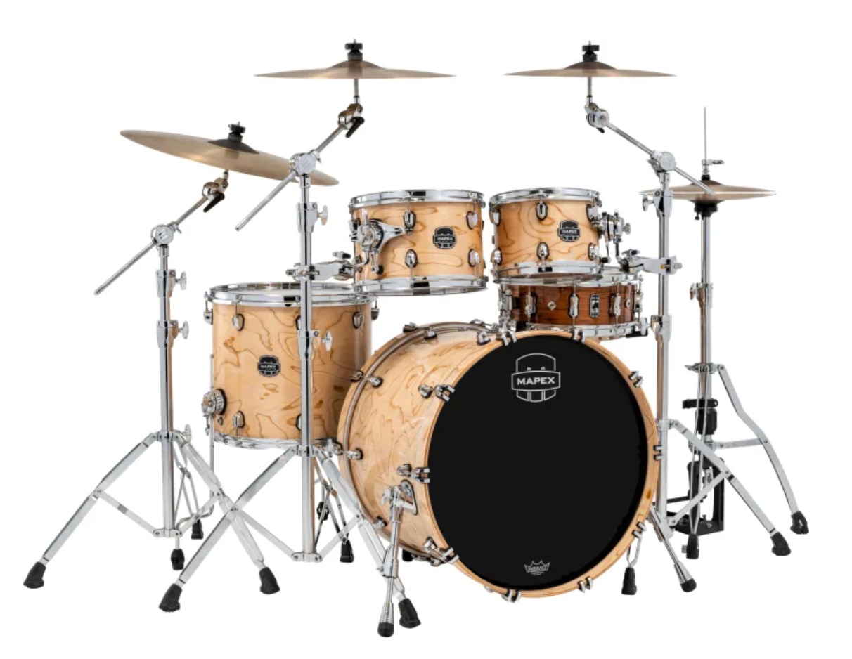 Drum set with natural wood finish and Mapex logo on a white background