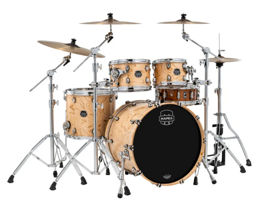 Drum set with natural wood finish and Mapex logo on a white background